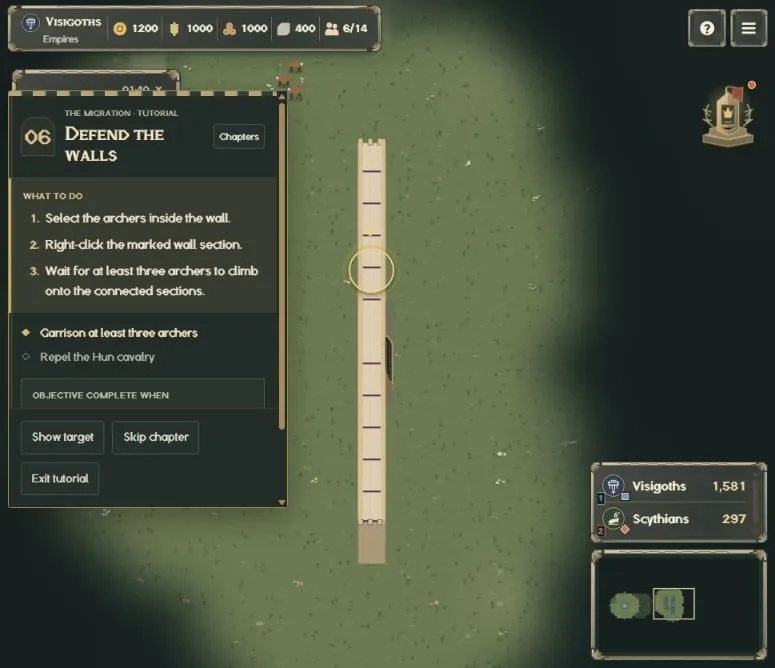 Archers beside the wall in the defence chapter, with a marked target and an explicit completion condition