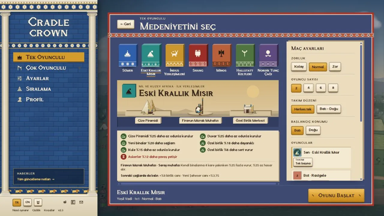 Eski Krallık Mısır'ın bina ve savunma avantajları ile daha yavaş asker yetiştirmesini gösteren v2.3 seçim ekranı