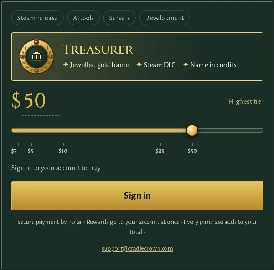 Founder's Pack at 50 USD: the Treasurer title, a jewelled gold frame, the Steam DLC and a name in the credits