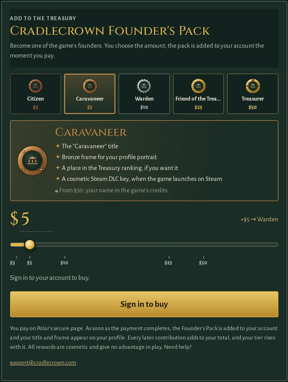 The five Founder's Pack tiers: Citizen, Caravaneer, Warden, Friend of the Treasury and Treasurer, with the selected Caravaneer tier's rewards below