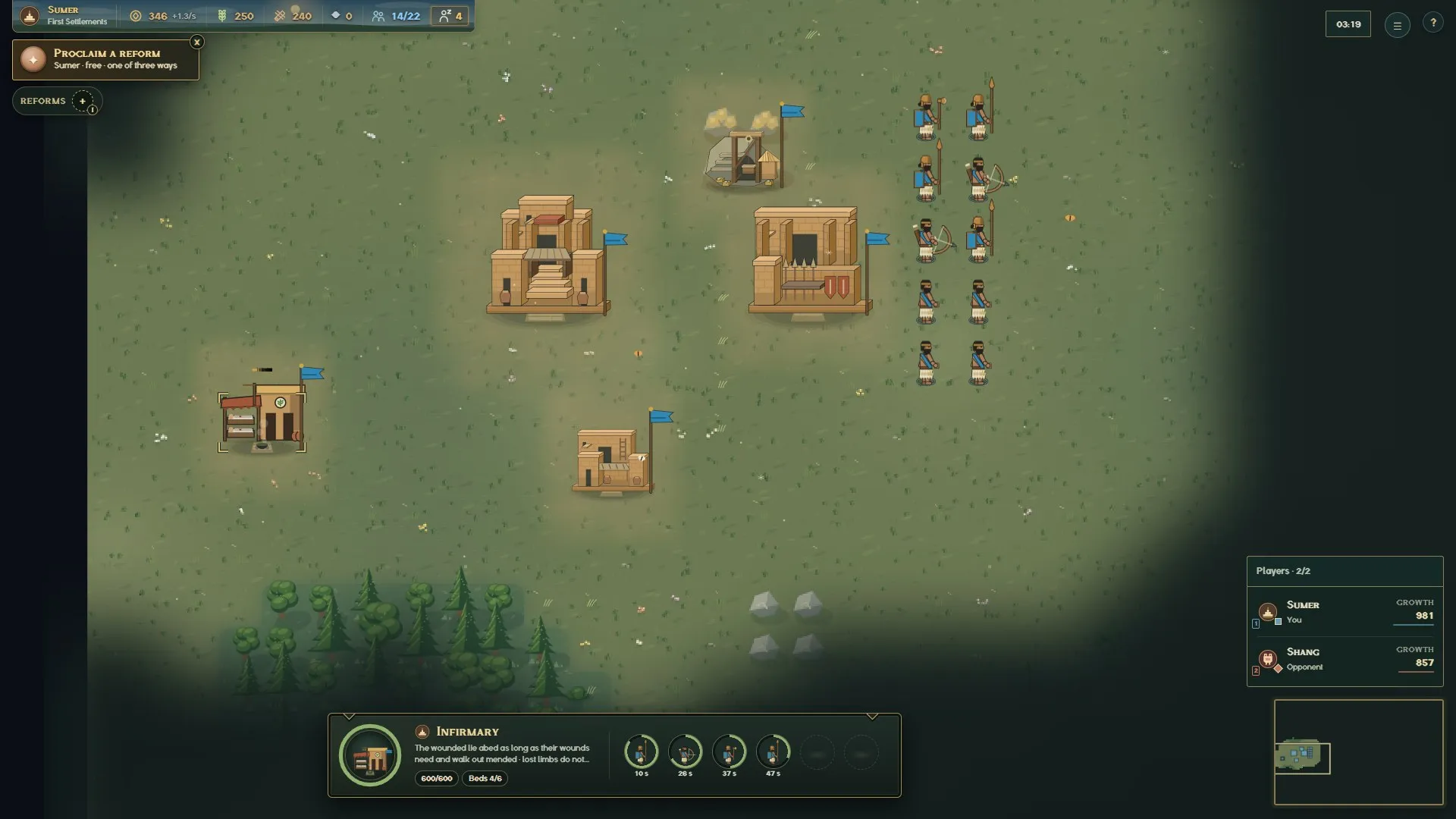 The infirmary panel at 1920×1080: four beds taken, each soldier's time left beneath