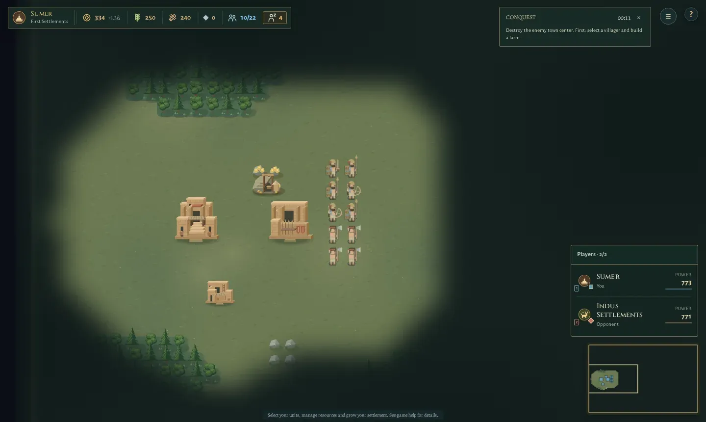 The first seconds of a match: resource bar, objectives panel and player table