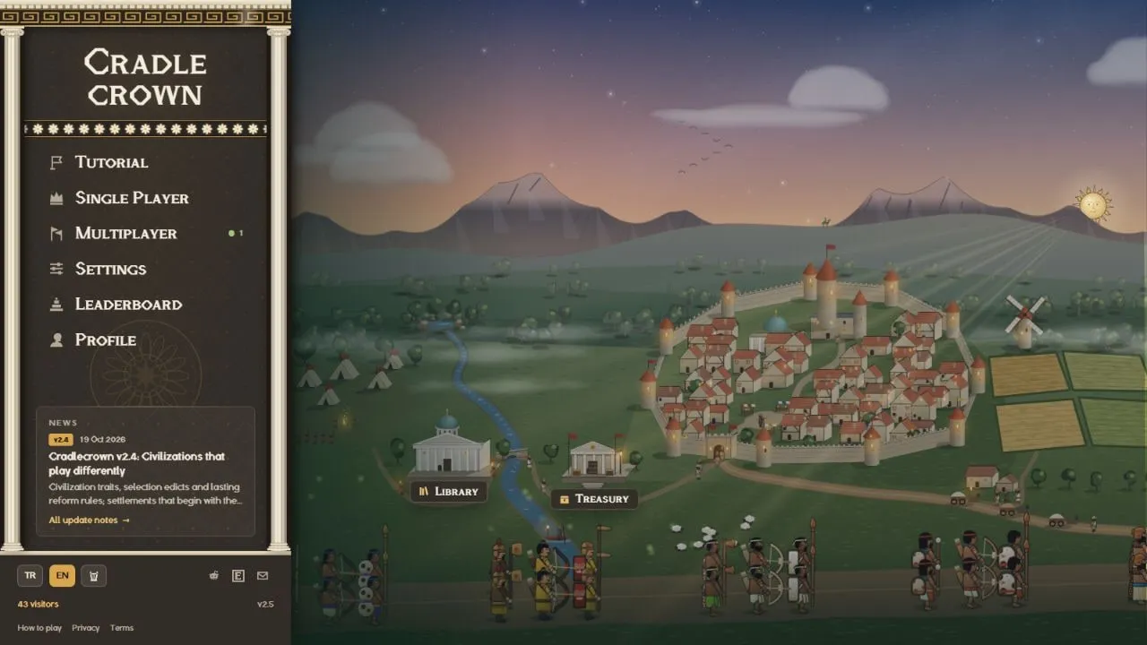 The live v2.5 main menu: Tutorial at the top, a column-framed menu and the game world behind it