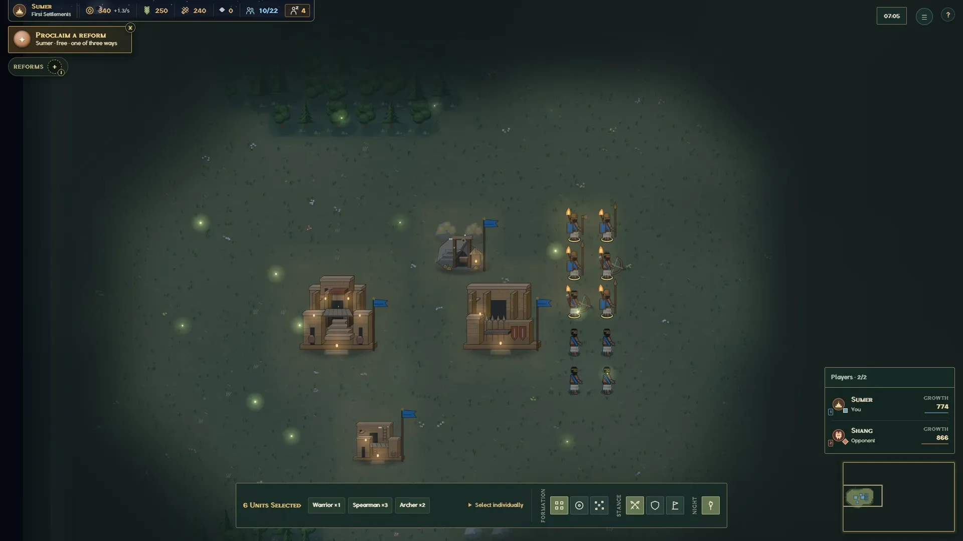 Night at 1920×1080: soldiers' torches, lamplit buildings, fireflies and the Night button in the selection panel