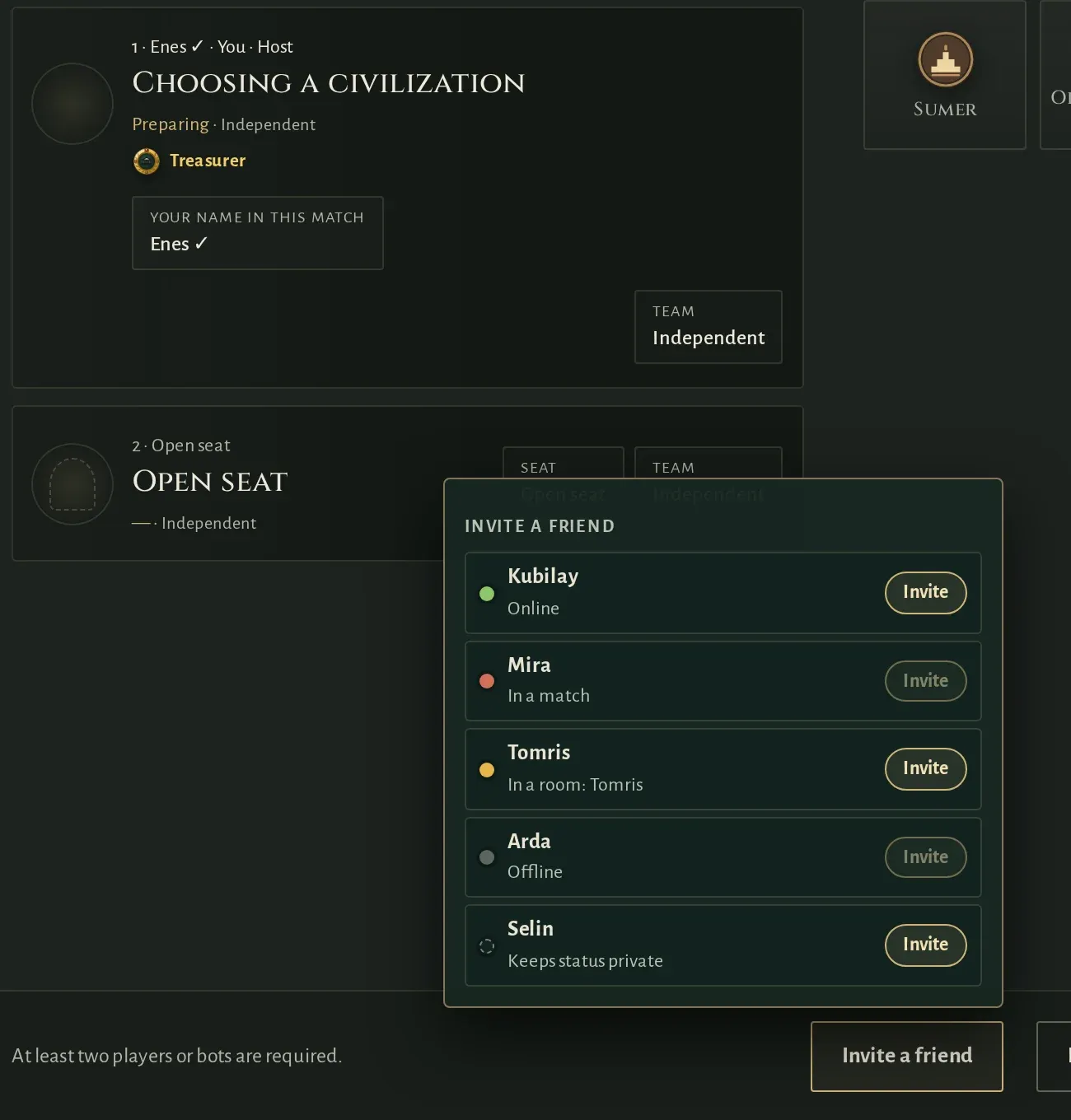 The Invite a friend list in the waiting room: friends who are online or in a room can be invited, while the button is dimmed for those in a match or offline