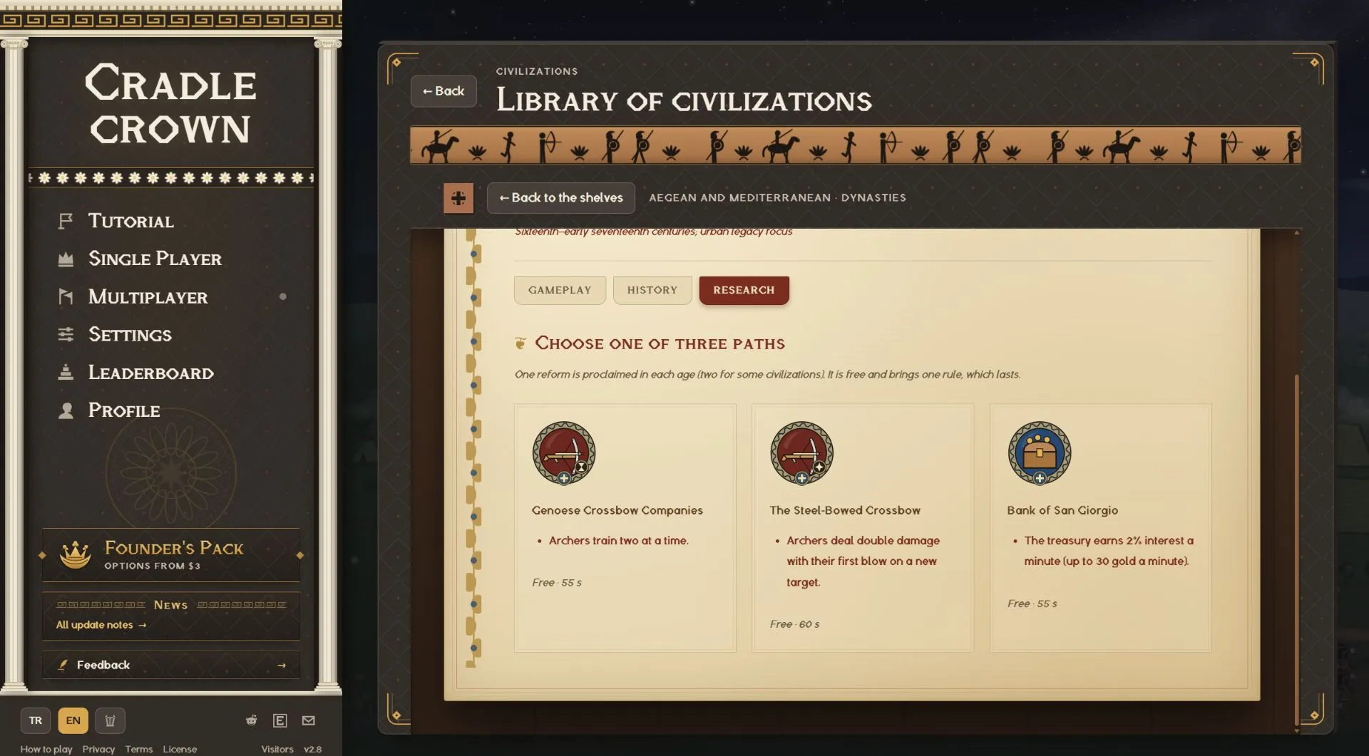 Genoa's three reform choices, each with one rule and a free research timer